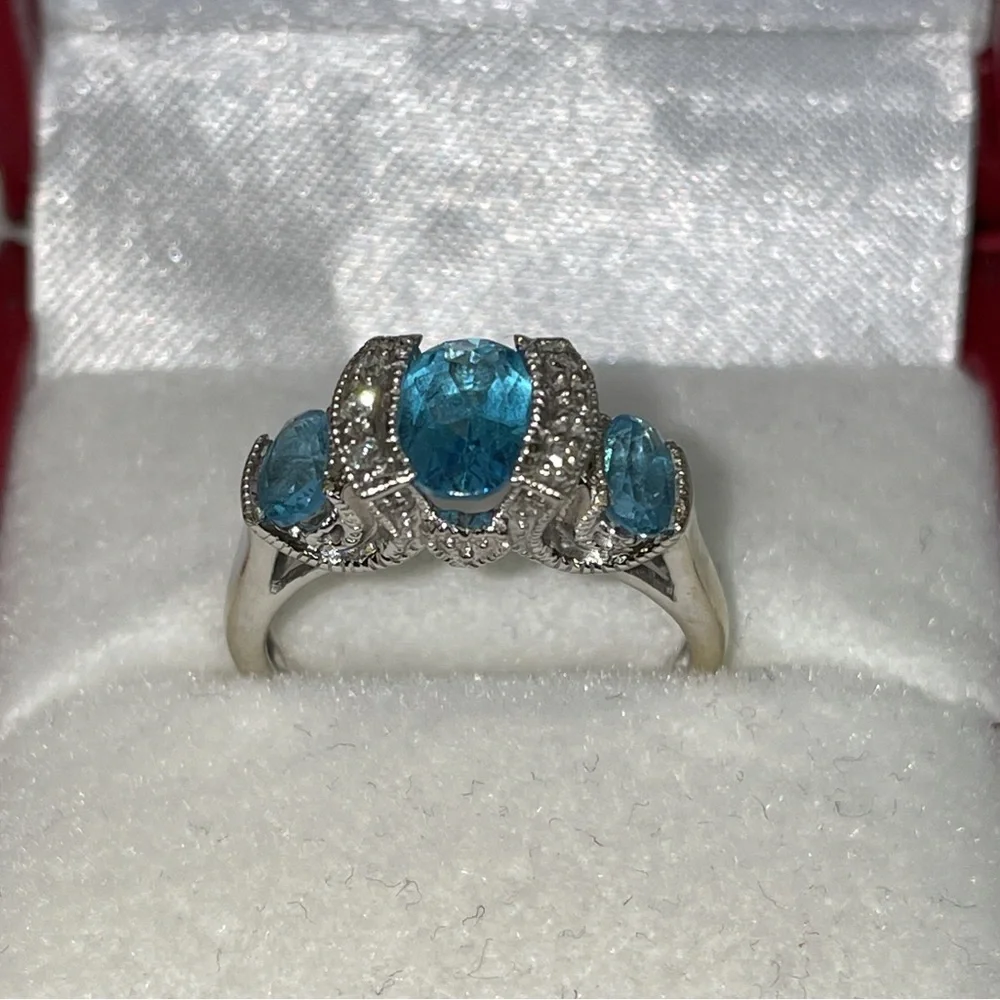 Solid Stamped 14K White Gold Oval Trio Natural Blue Topaz Diamond Ring